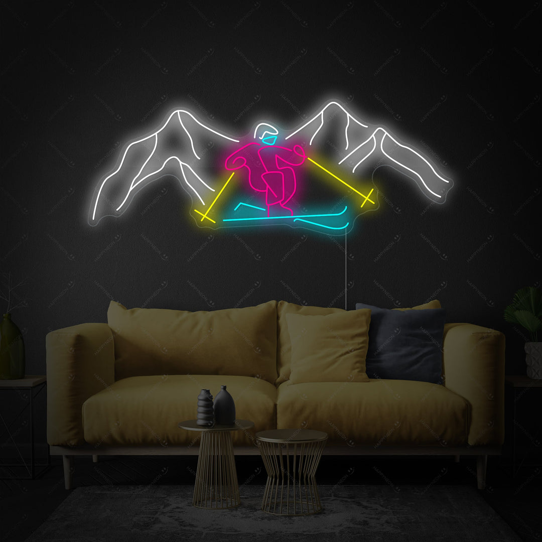 "Skiing Through Mountains" Neon Sign