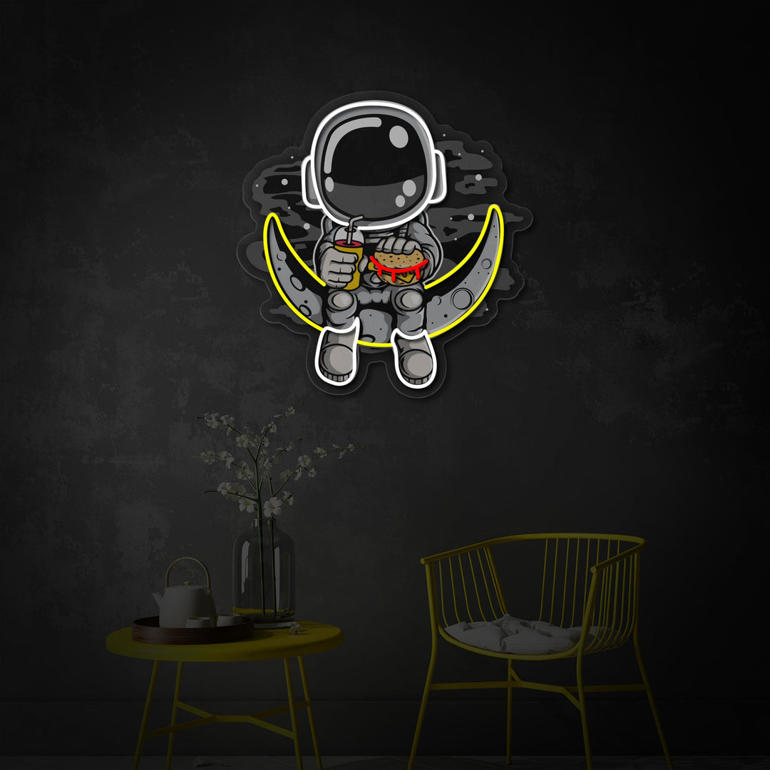 "Astronaut Moon Burger, Fast Food Logo" UV Print LED Neon Sign