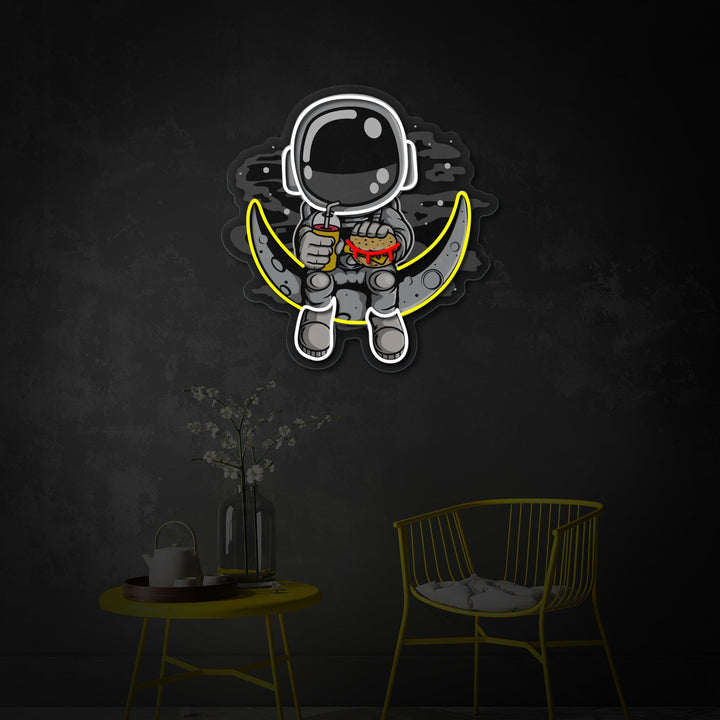 "Astronaut Moon Burger, Fast Food Logo" UV Print LED Neon Sign