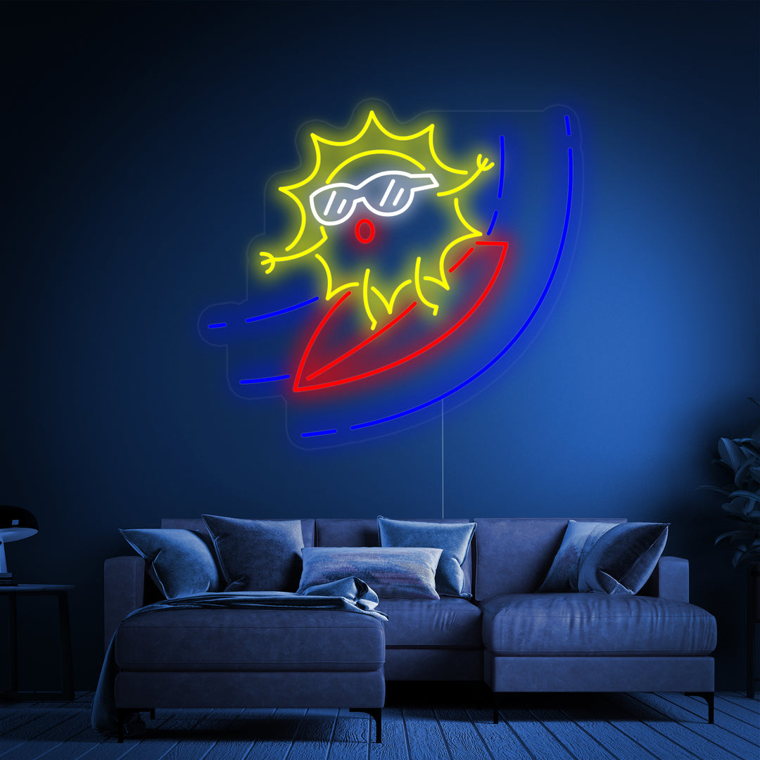 "Cartoon Sun on Surfboard" Neon Sign