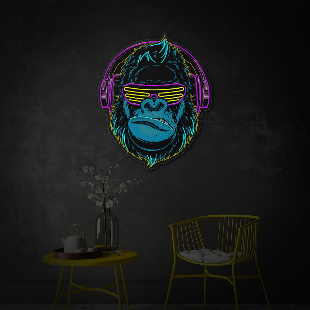 "Cyberpunk Monkey With Headphone, Game Room Decor" UV Print LED Neon Sign