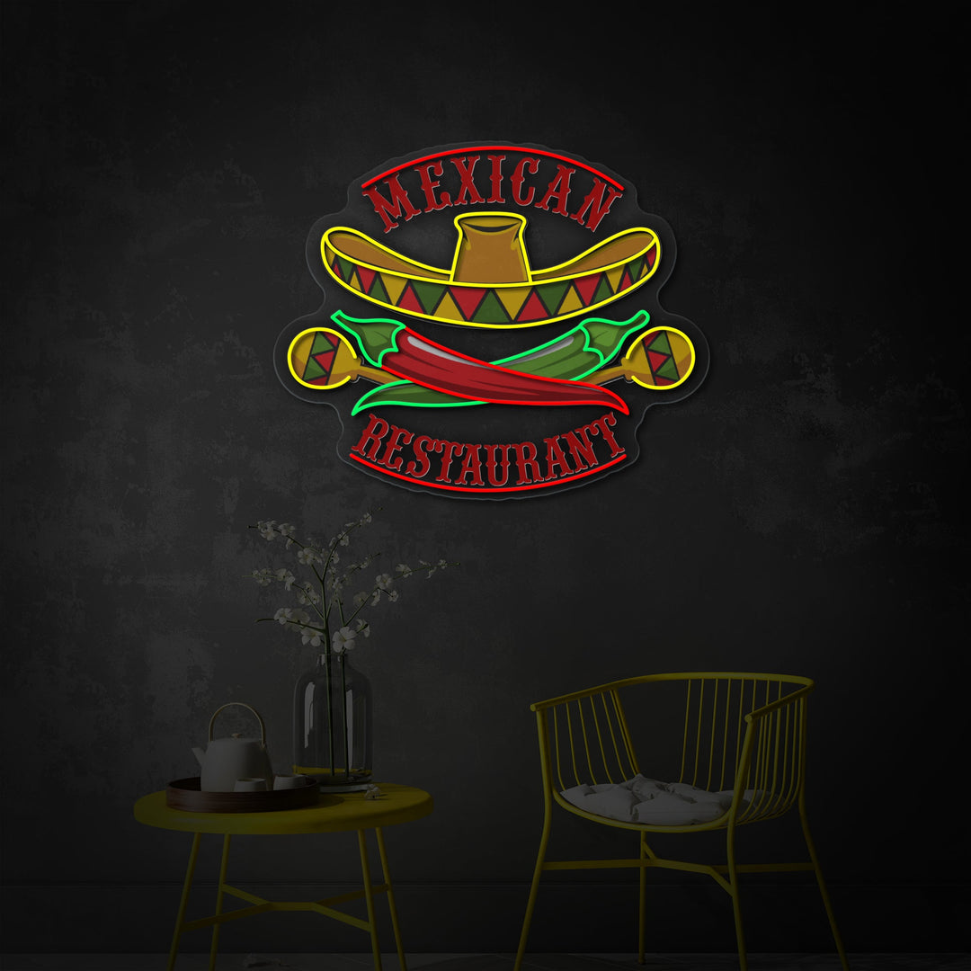 "Mexican Restaurant Sombrero Maracas Pepper" UV Print LED Neon Sign