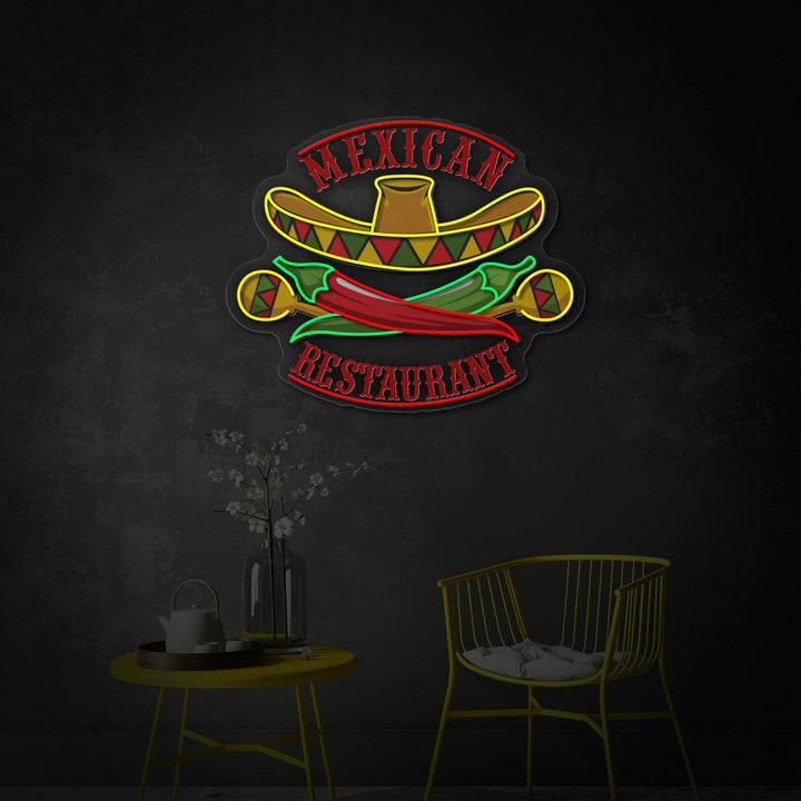 "Mexican Restaurant Sombrero Maracas Pepper" UV Print LED Neon Sign