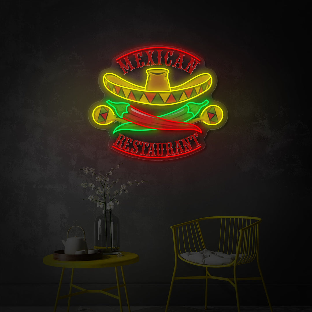 "Mexican Restaurant Sombrero Maracas Pepper" UV Print LED Neon Sign