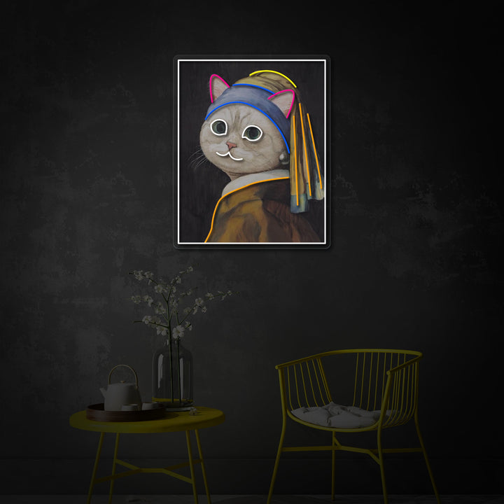 "Pearl Earring Cat Lady" UV Print LED Neon Sign
