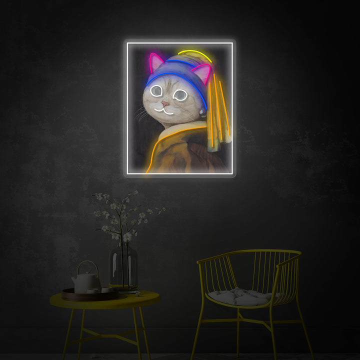 "Pearl Earring Cat Lady" UV Print LED Neon Sign