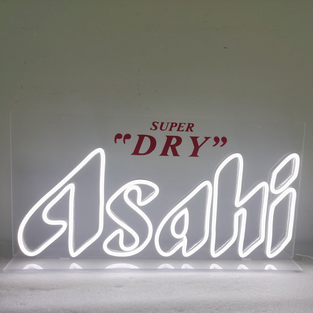 Finished Asahi Super Dry logo neon sign glowing in white and red