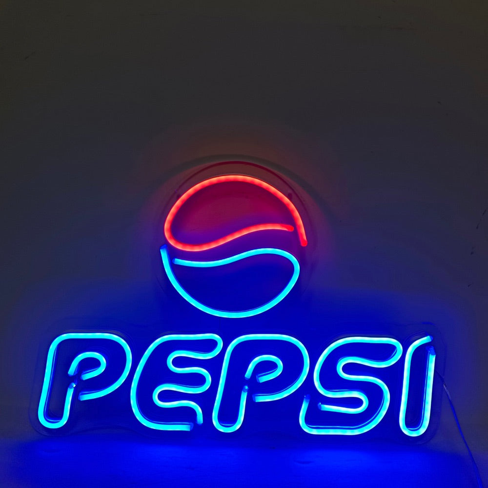 Finished Pepsi logo neon sign glowing in red and blue