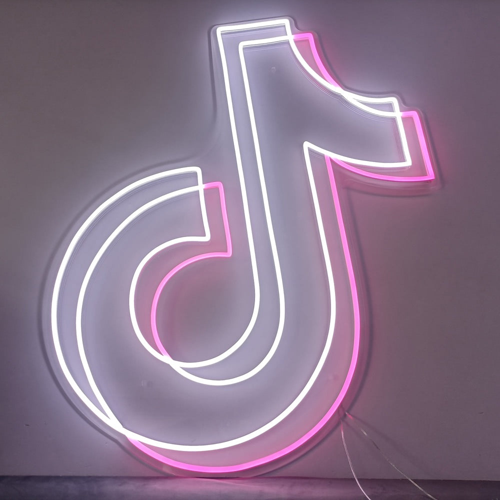 Finished TikTok logo neon sign glowing in white and pink