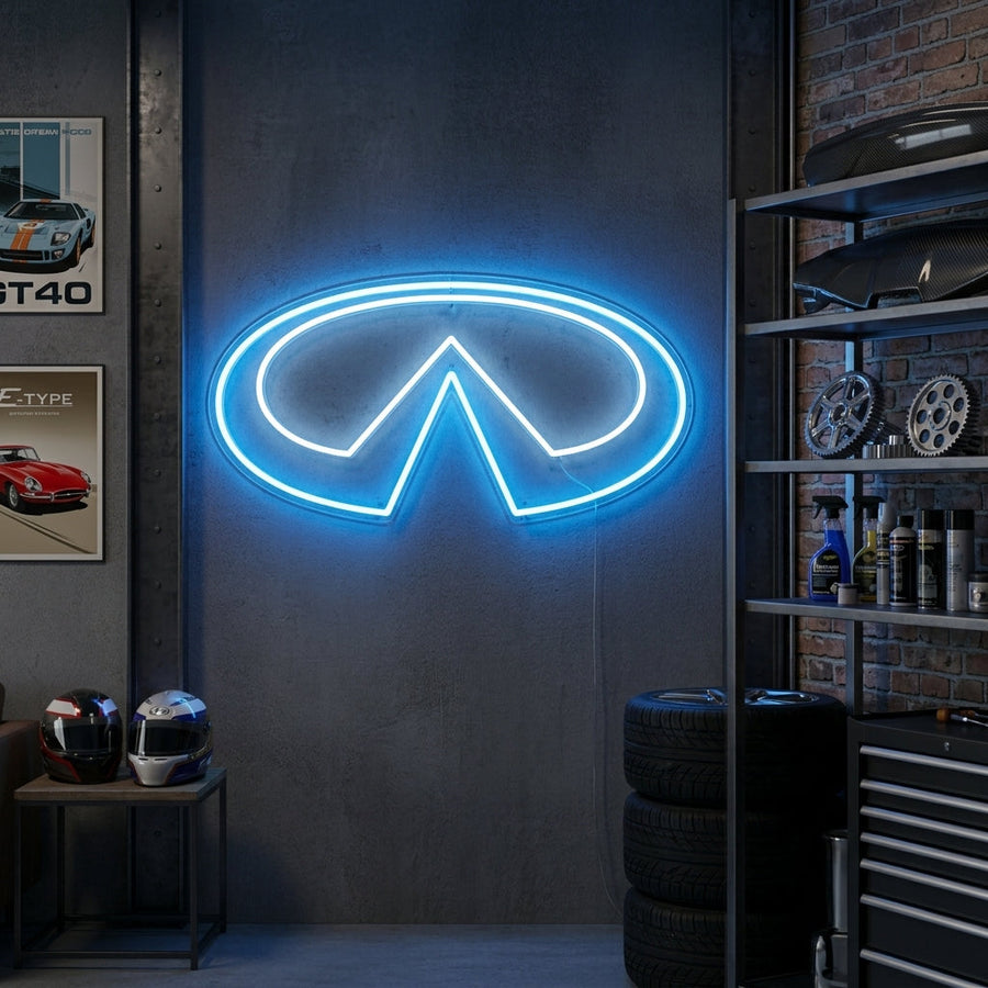 Blue Infiniti logo neon sign with sleek modern style, ideal for car showrooms or garages.