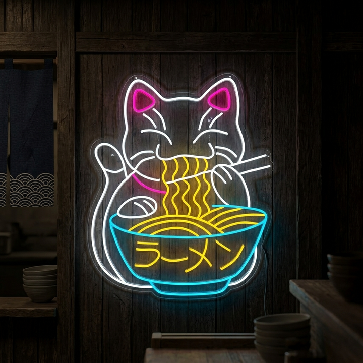 "Fortune Cat Ramen Japanese Noodles" Neon Sign