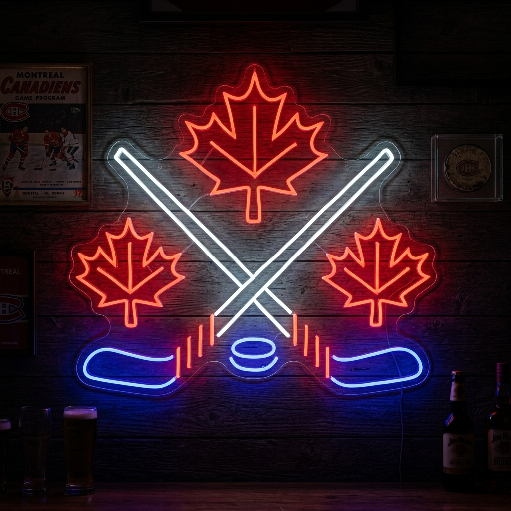 "Maple Leaves With Crossed Hockey" Neon Sign