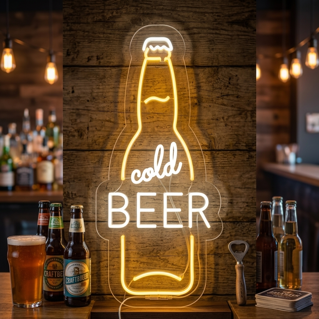 "Cold Beer Bottle Bar" Neon Sign