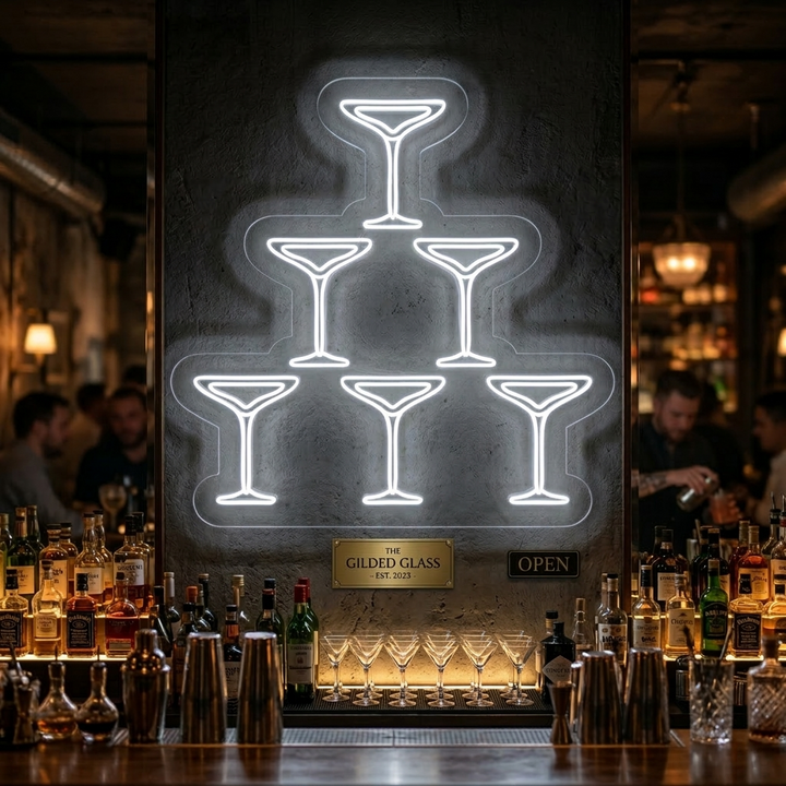 "Champagne Glasses Pyramid Bar" Neon Sign