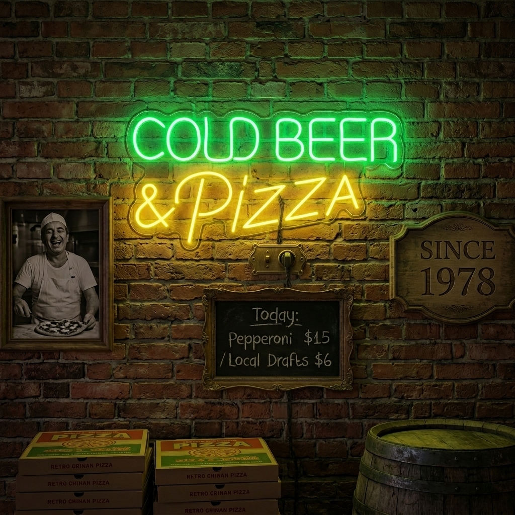 "COLD BEER PIZZA" Neon Sign