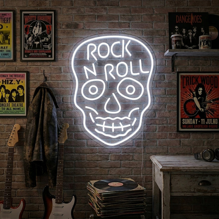 "Rock N Roll White Skull" Neon Sign