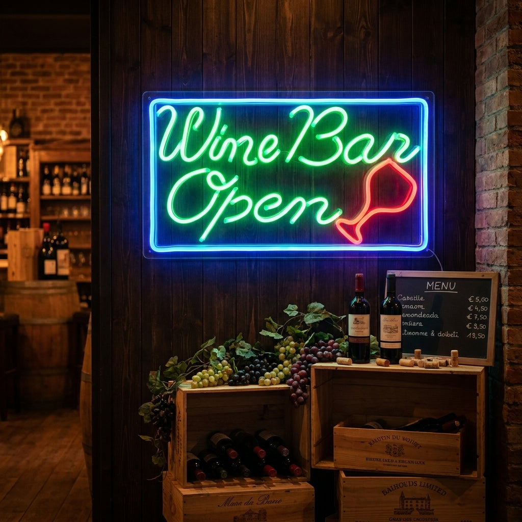 "Wine Bar Open" Neon Sign