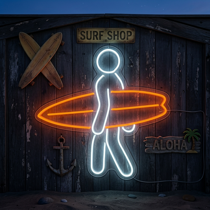 "Stick Man Carrying Surfboard Surfing Sport" Neon Sign