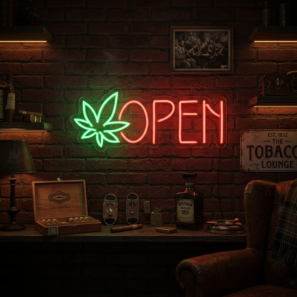 "Dispensary Marijuana Leaf Open" Neon Sign