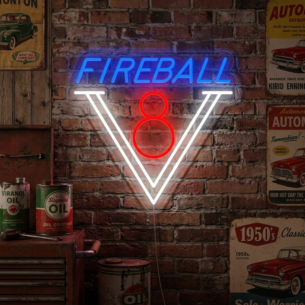 "1950s Fireball V8 Car" Neon Sign