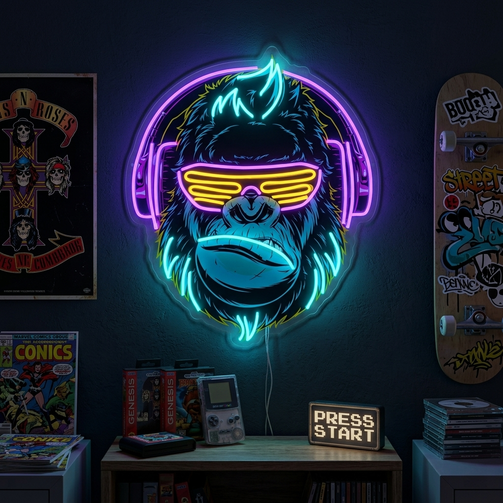 "Cyberpunk Monkey With Headphone, Game Room Decor" UV Print LED Neon Sign