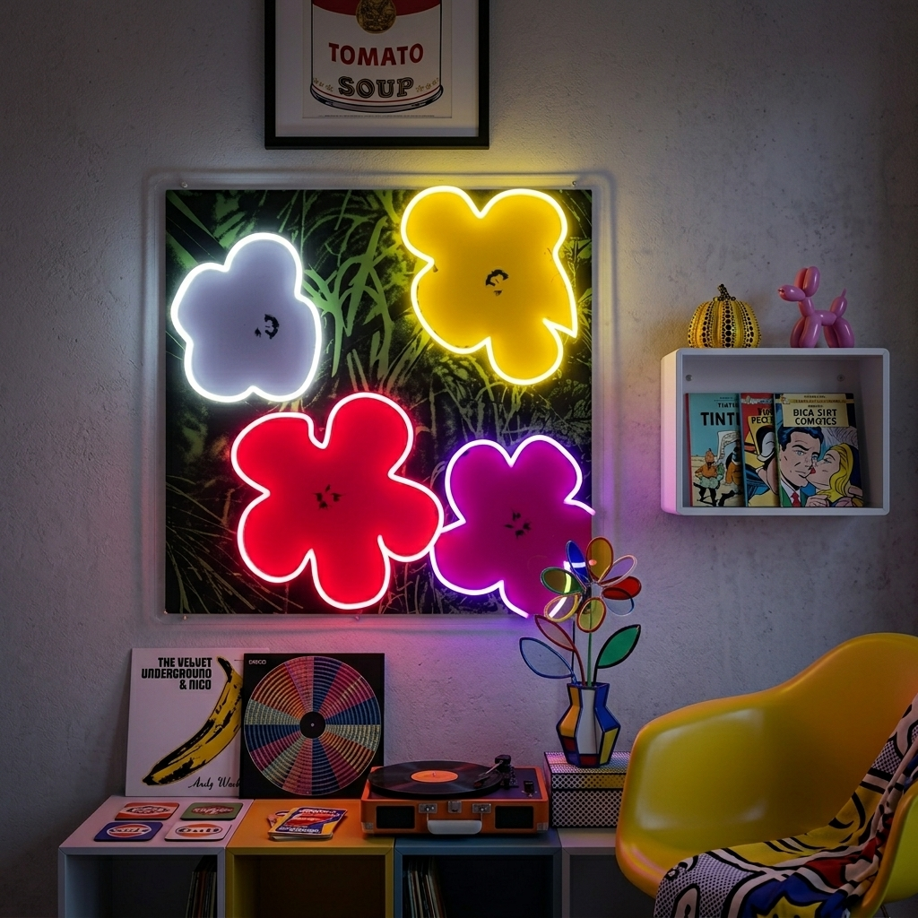 "Pop Art In Bloom, Famous Artist's Flowers" UV Print LED Neon Sign