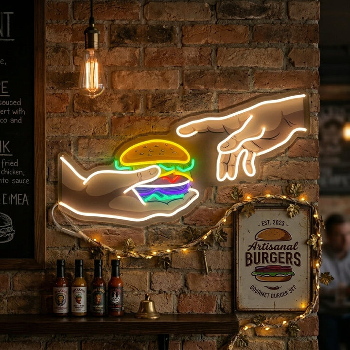 "Hands With Burger" Neon Sign