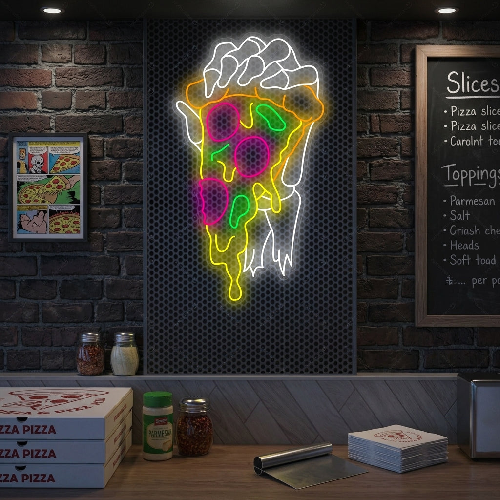 "Skeleton Hand Holding Pizza" Neon Sign