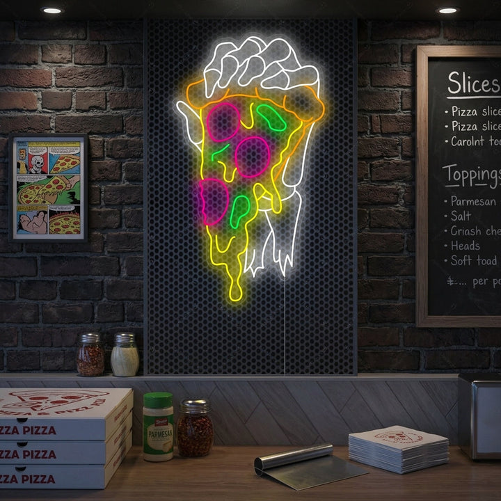 "Skeleton Hand Holding Pizza" Neon Sign
