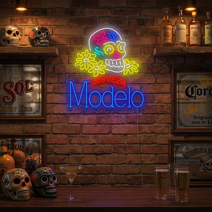 "Cerveza Modelo Skull" Neon Sign