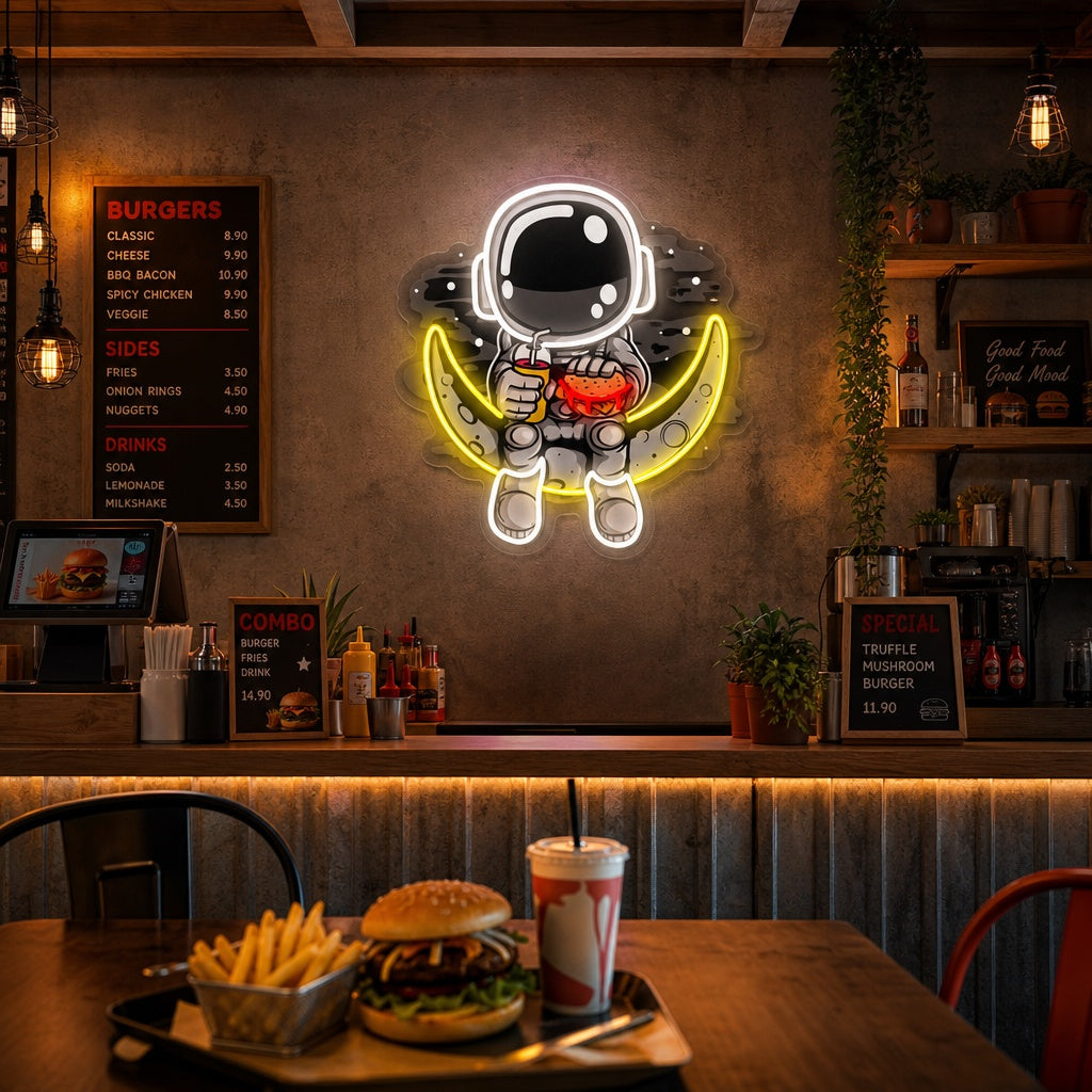 "Astronaut Moon Burger, Fast Food Logo" UV Print LED Neon Sign