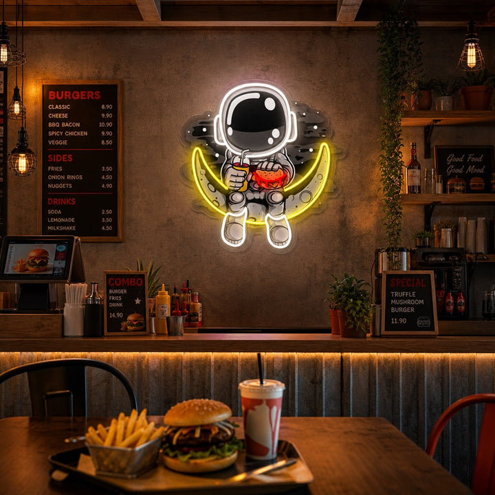 "Astronaut Moon Burger, Fast Food Logo" UV Print LED Neon Sign