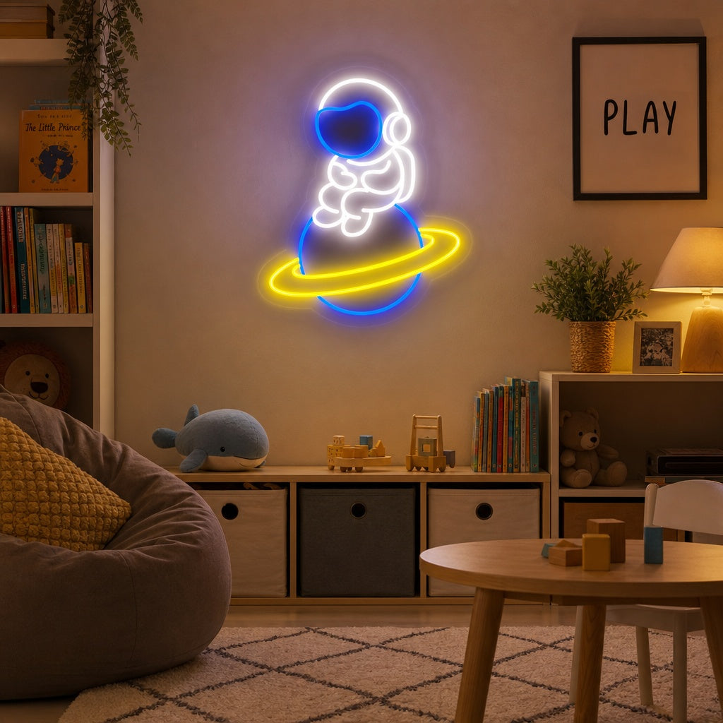 "Astronaut Spaceman Sitting On Planet" Neon Sign