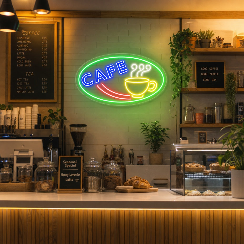 "Cafe With Coffee Mug" Neon Sign
