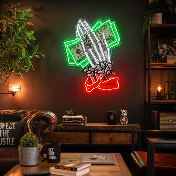 "Colorful Money With Skeleton Hands Holding Dollar Bills" UV Print LED Neon Sign