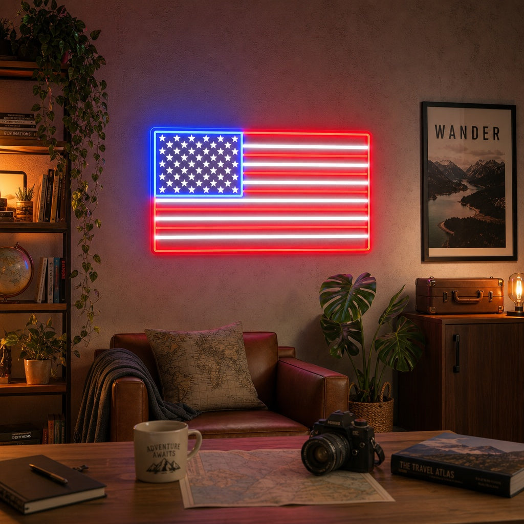 "Custom Name US Flag" UV Print LED Neon Sign