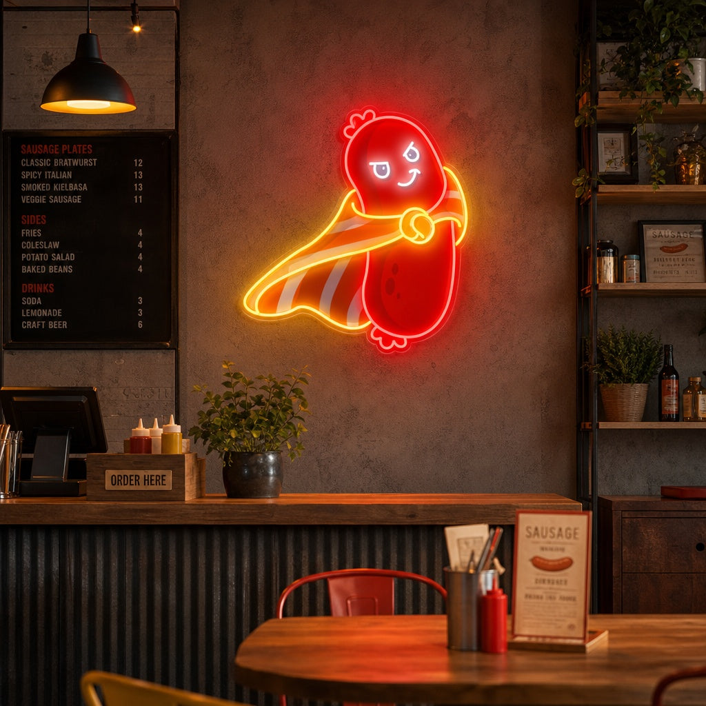 "Cute Sausage Super Hero,Food, Restaurant" UV Print LED Neon Sign