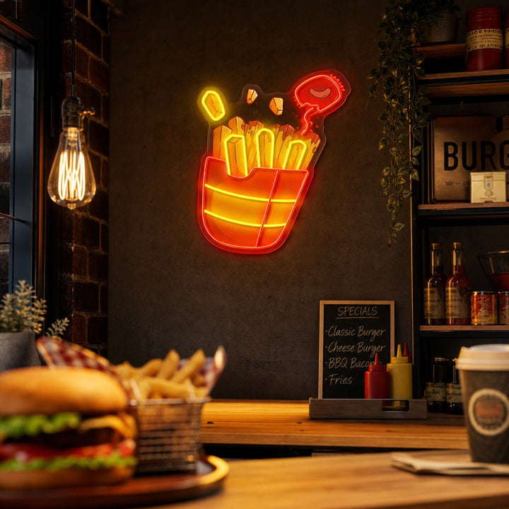 "French Fries With Chili Sauce, Fast Food" UV Print LED Neon Sign