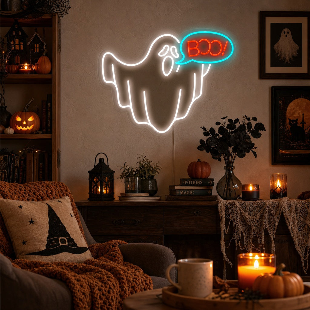 "Ghost Saying Boo Halloween" Neon Sign