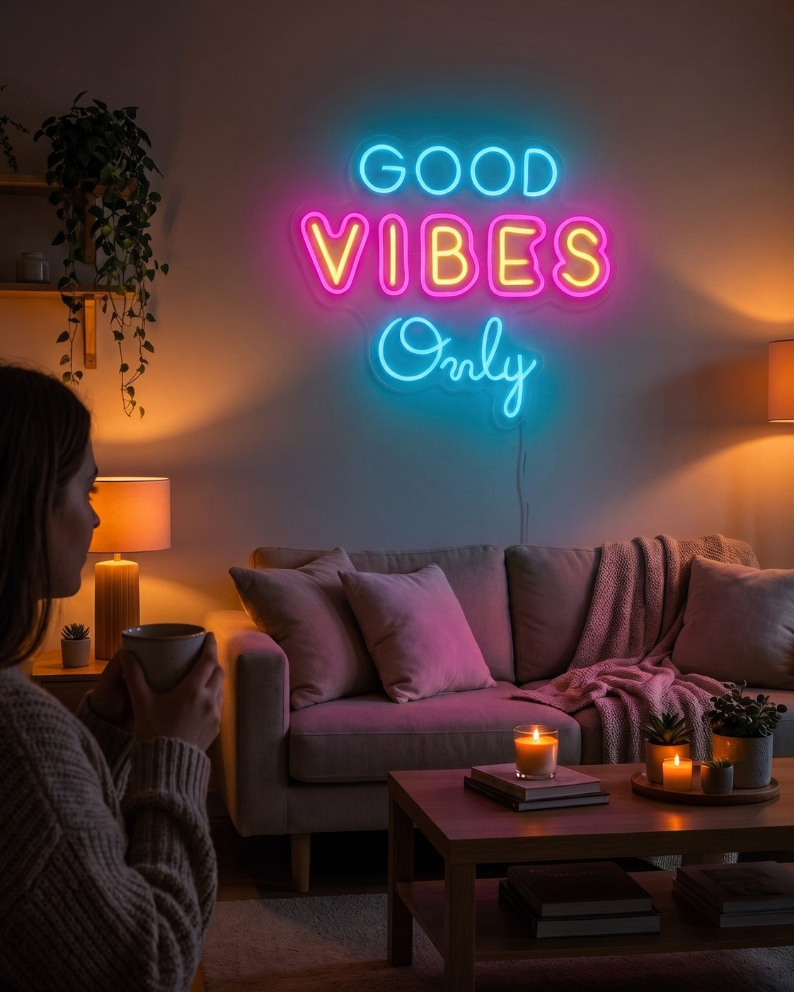 A warm living room personalised with a Good Vibes Only neon sign