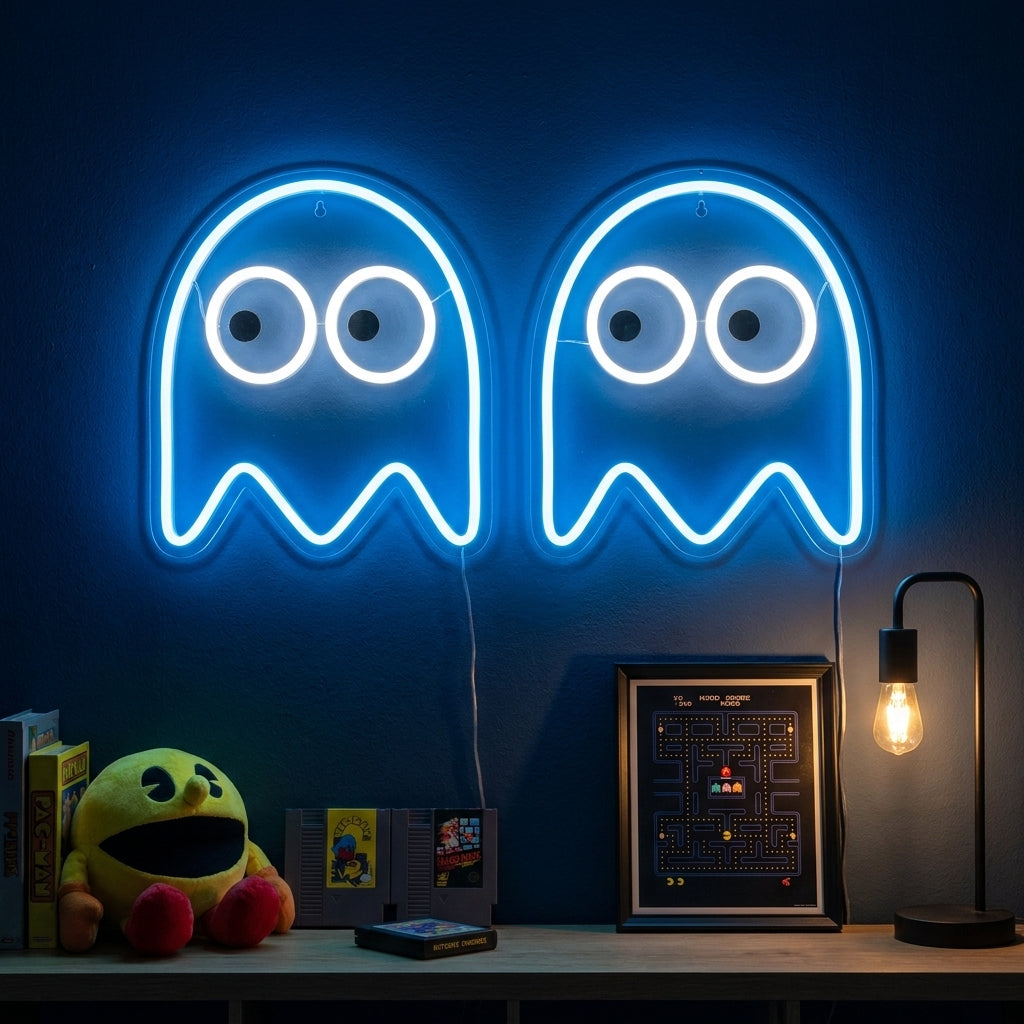 Blue Arcade Ghost Neon Sign