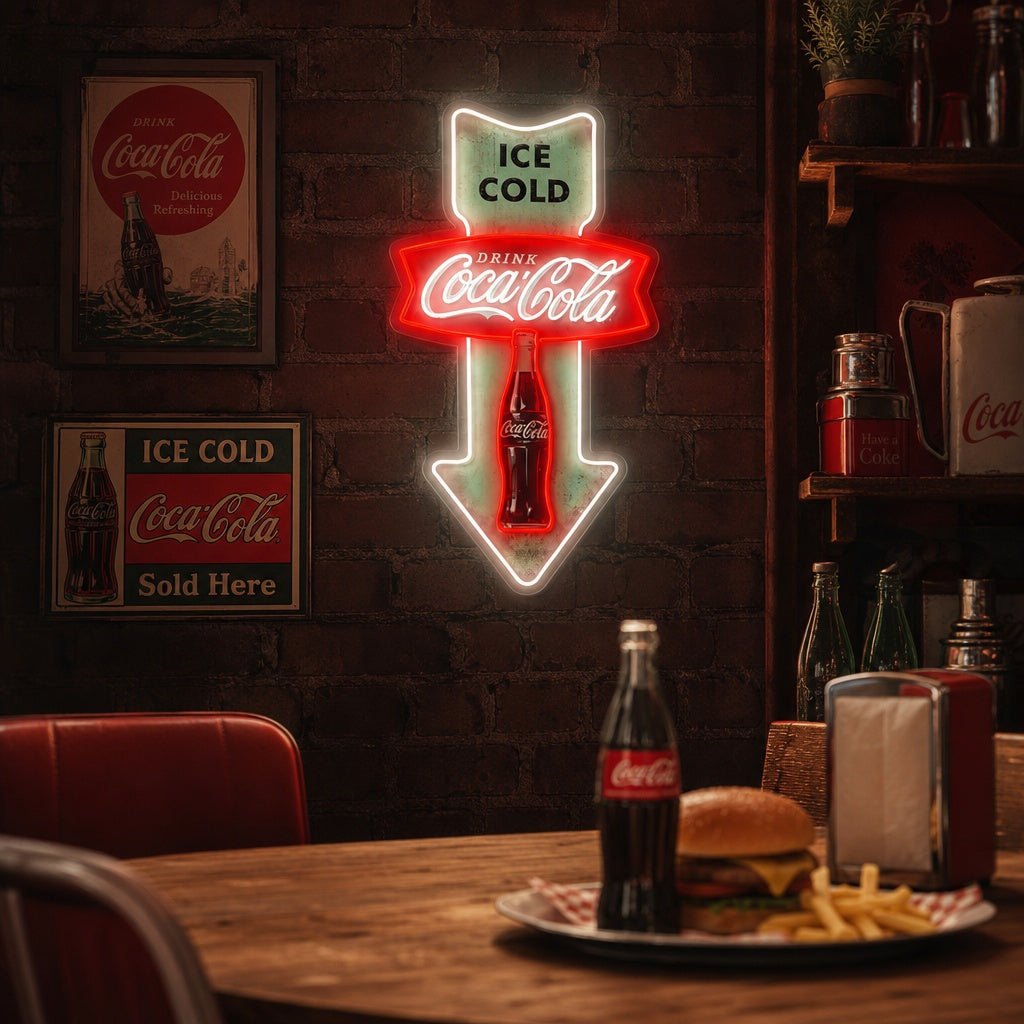 "Ice Cold Coca Cola,Vintage Diner Arrow" UV Print LED Neon Sign