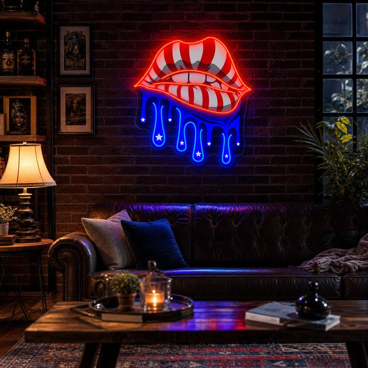"Lips With American Flag Dripping" UV Print LED Neon Sign