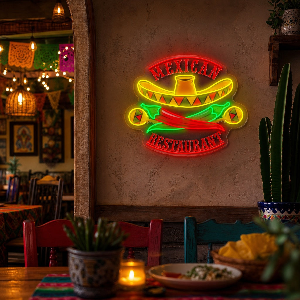"Mexican Restaurant Sombrero Maracas Pepper" UV Print LED Neon Sign