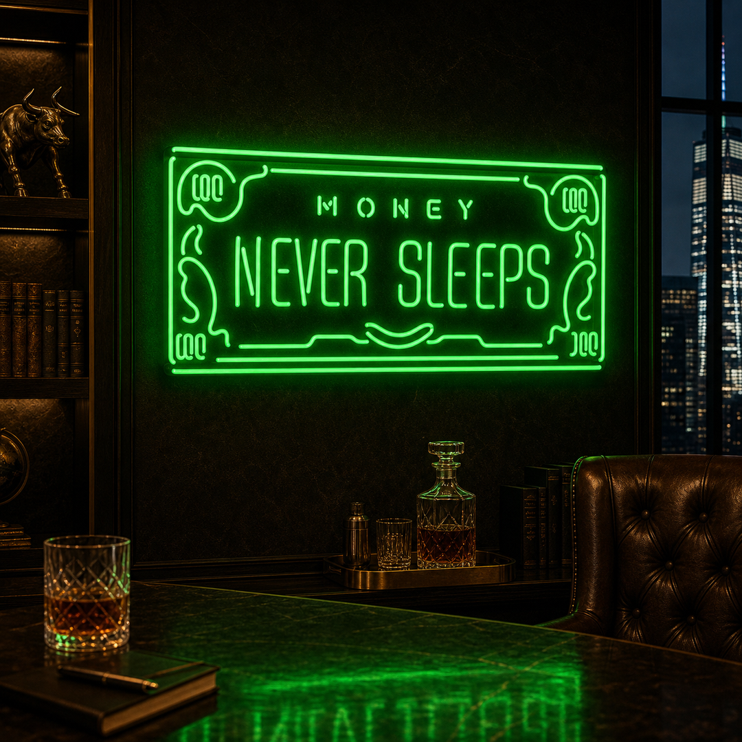 "Money Never Sleeps" Neon Sign