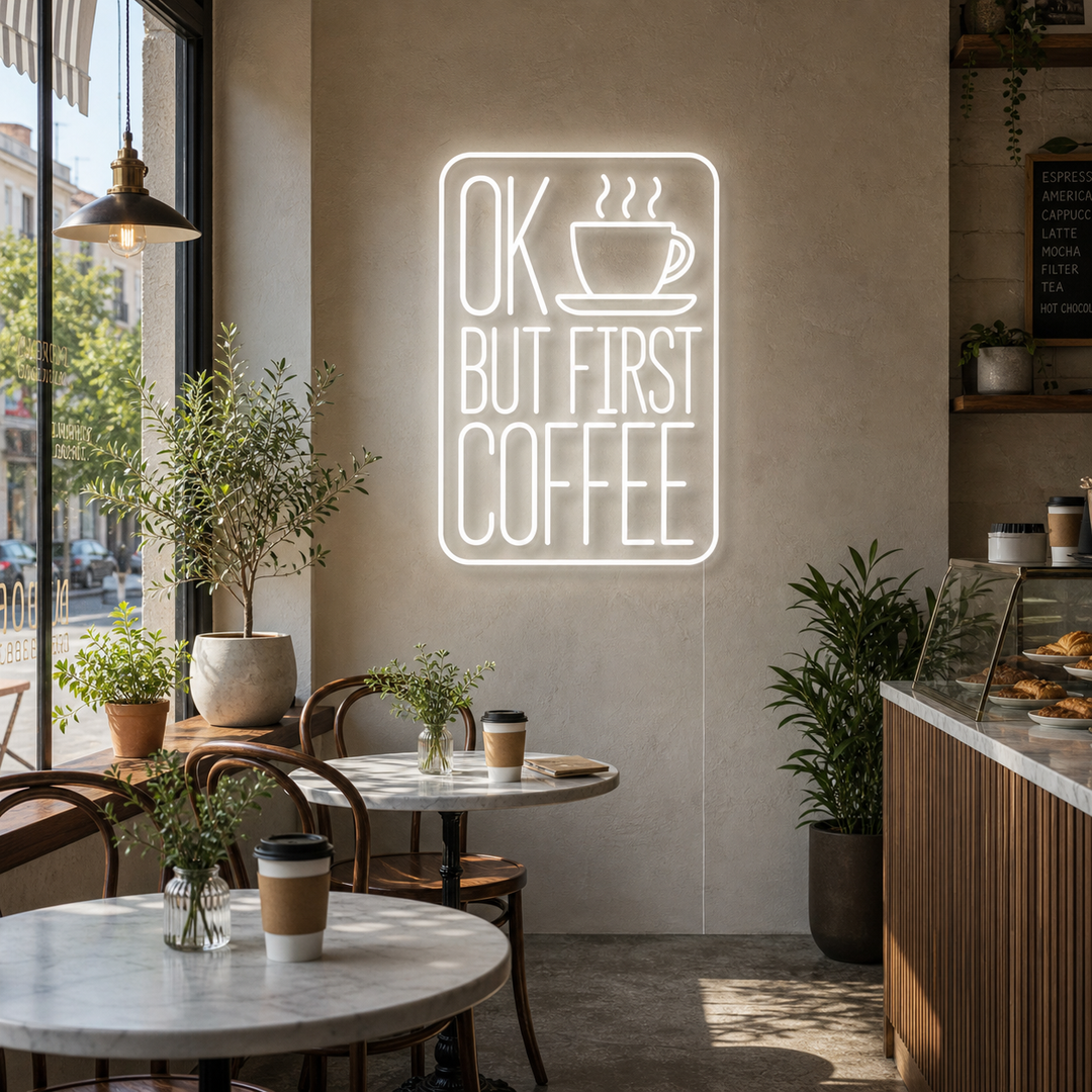 "OK BUT FIRST COFFEE" Neon Sign