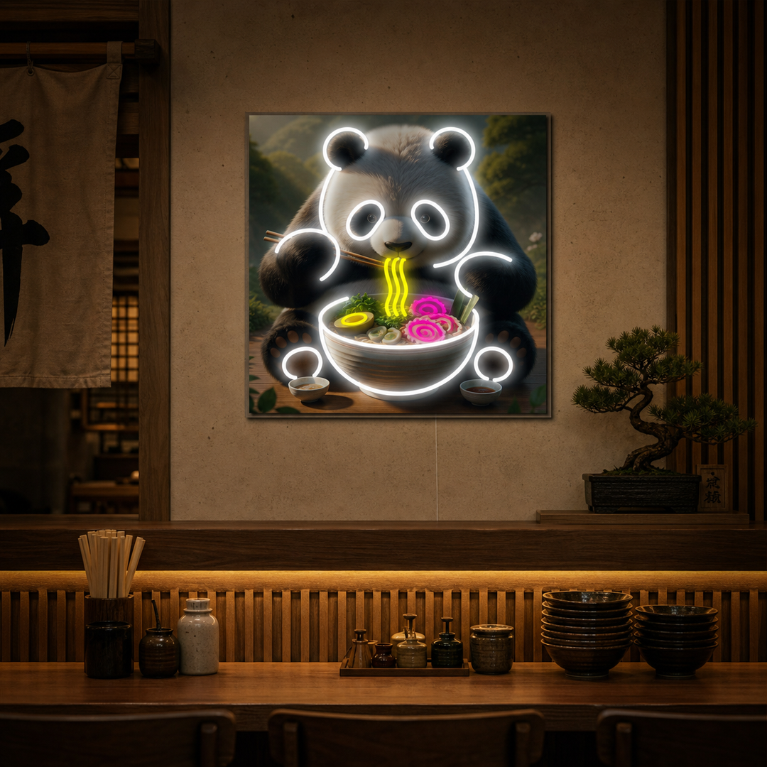 Panda and Ramen Neon Sign, Japanese Restaurant Decor
