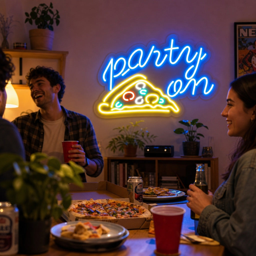 "Party on PIZZA" Neon Sign