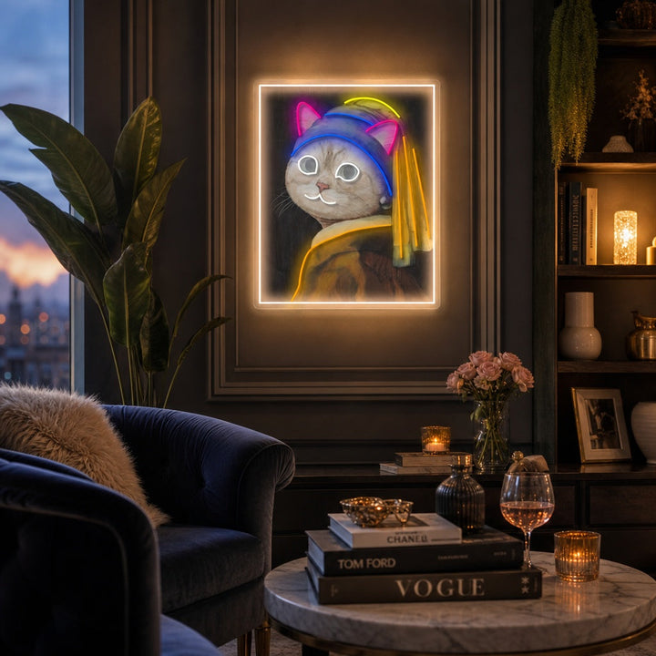 "Pearl Earring Cat Lady" UV Print LED Neon Sign