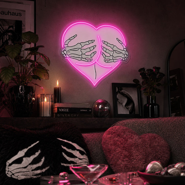 "Pink Heart Butt Hug Skeleton Hands" UV Print LED Neon Sign